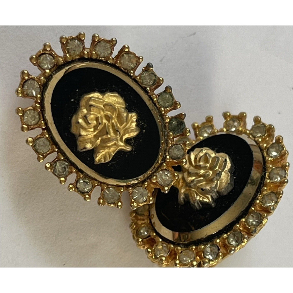 Celebrity NY black & goldtone rose cameo clip on earrings vintage
